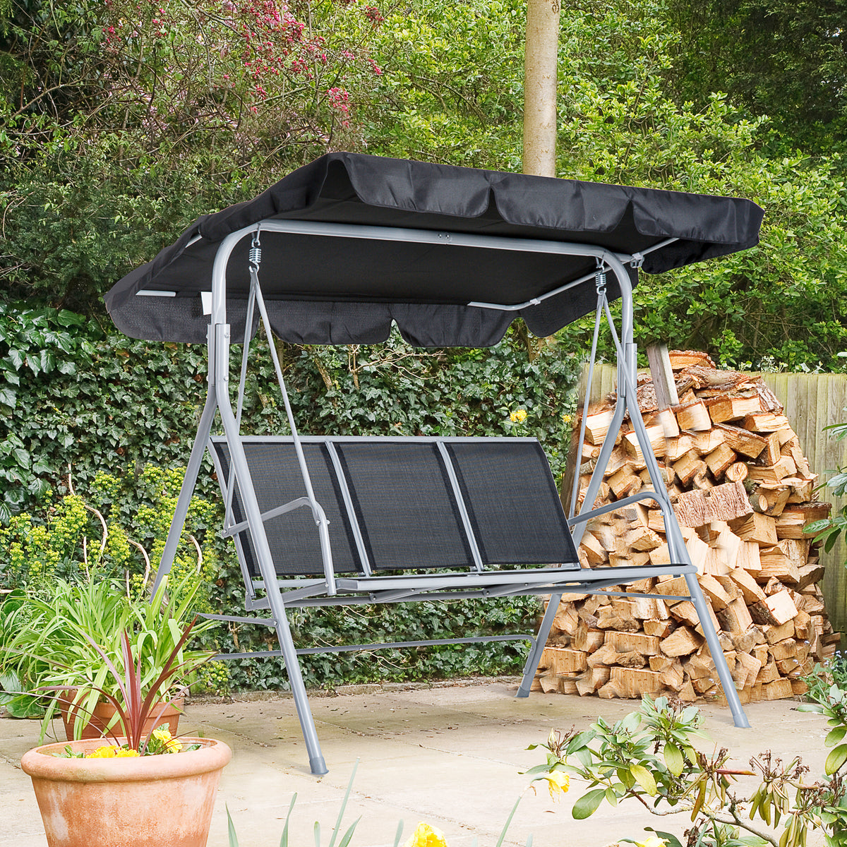 Porch swing with sun canopy, garden swing with non-slip feet, 171x108x150cm, black (2)