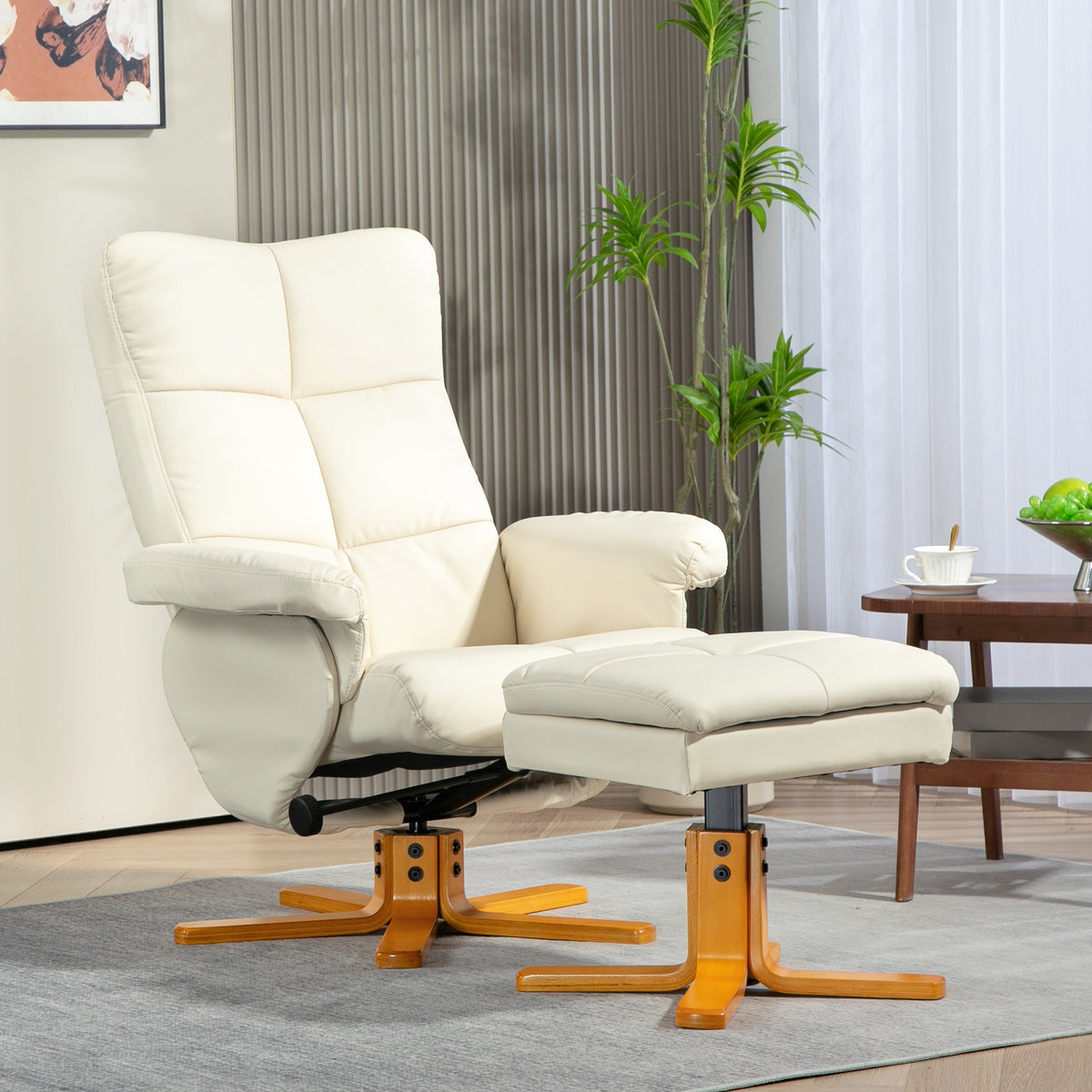 Recliner with footstool, 145° reclining backrest, 360° swivel, faux leather, cream white (2)