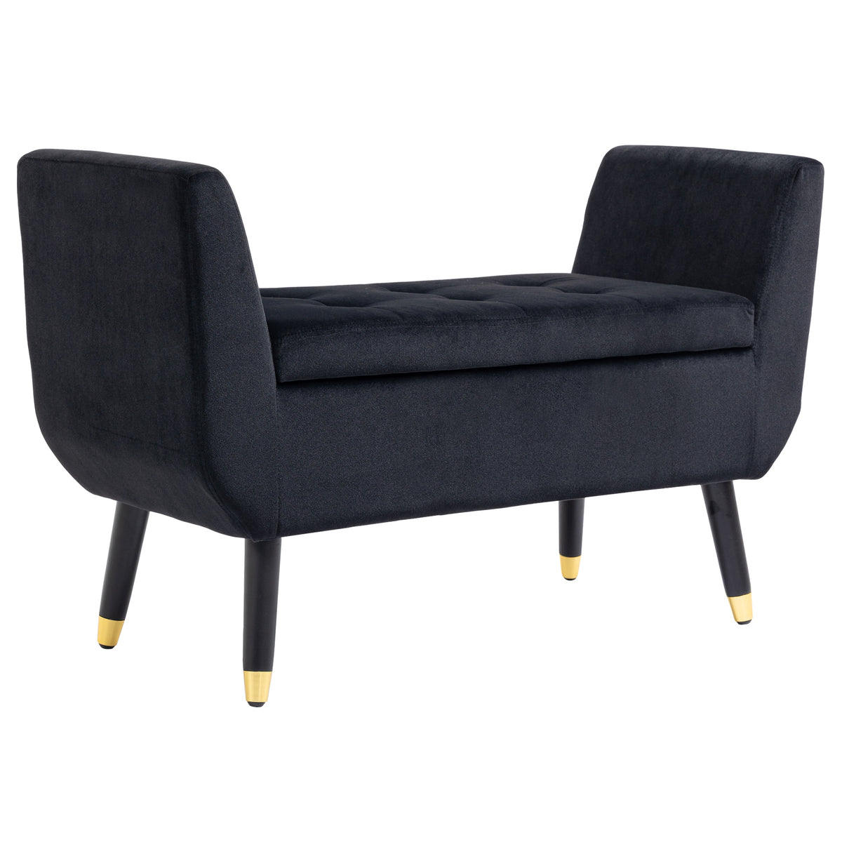 Storage bench with armrests, velvet-look upholstered bench, storage chest with wooden legs, trunk bench for