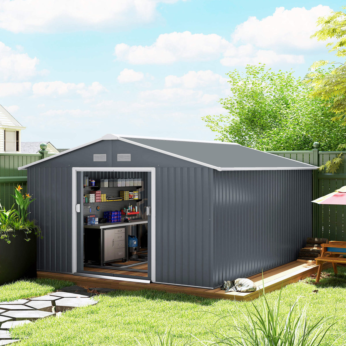Storage shed, weatherproof garden shed for garden tools, with ventilation windows, sliding doors, steel (2)