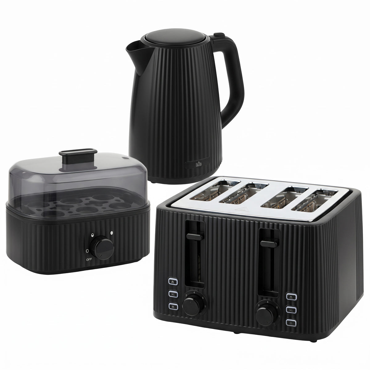 1.7L rapid-boil kettle and 4-slice toaster set, egg cooker for 6 eggs with indicator light, black