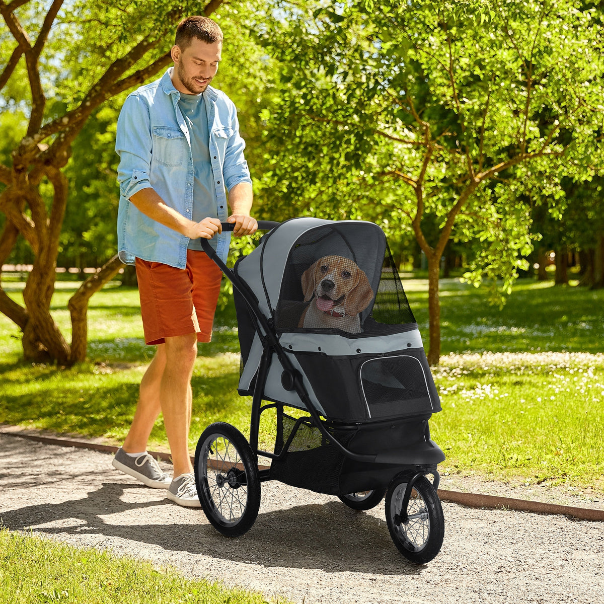 PawHut Hundewagen Hundetrolley mit Jogger-Funktion bis 20 kg Klappbar Netzfenster, Ablagekorb, Grau, 111 – Produktabbildung 2