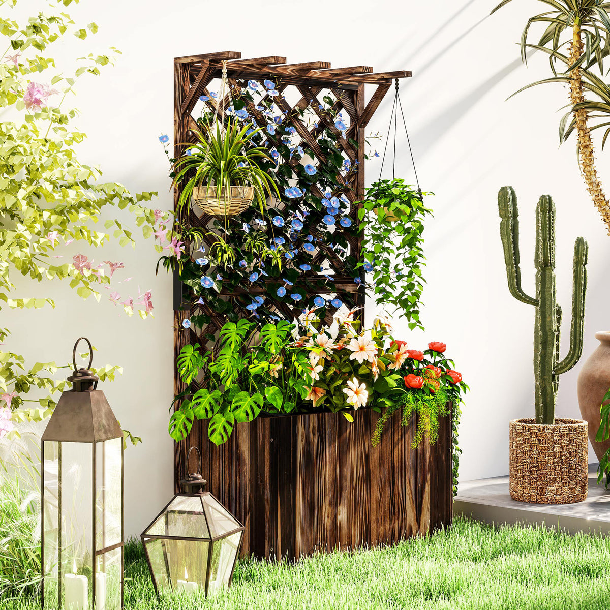Outsunny Hochbeet Pflanzkasten mit Rankgitter, Spalier Pflanzkübel Blumenkasten Holz, Gartenspalier 64 x – Produktabbildung 2