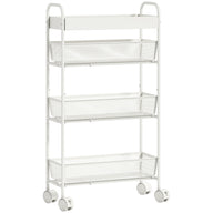 HOMCOM Küchenwagen aus Metall, 3 Körbe, schmales Design, 4 Räder, für Küche, Wohnzimmer, Badezimmer, Weiß