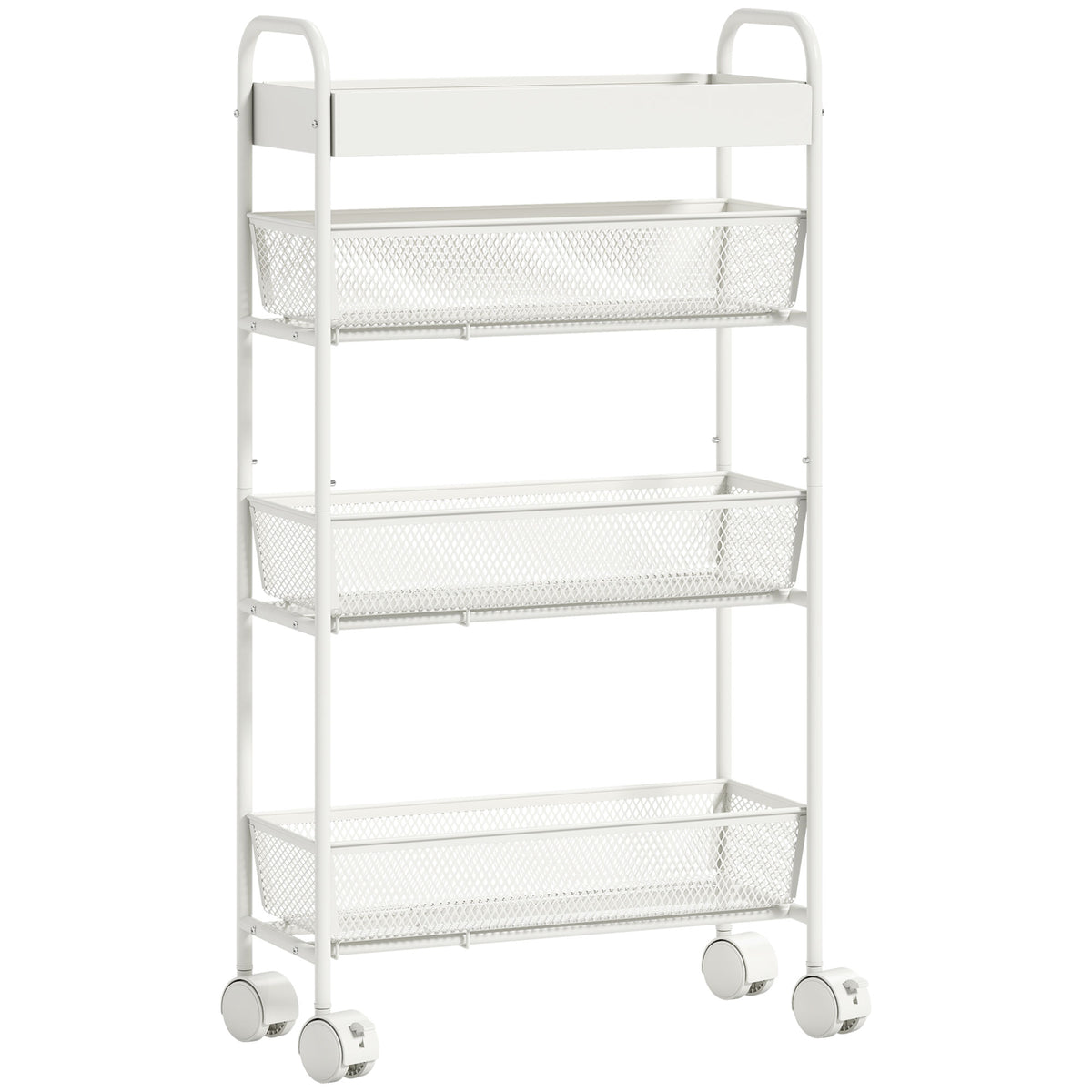HOMCOM Küchenwagen aus Metall, 3 Körbe, schmales Design, 4 Räder, für Küche, Wohnzimmer, Badezimmer, Weiß
