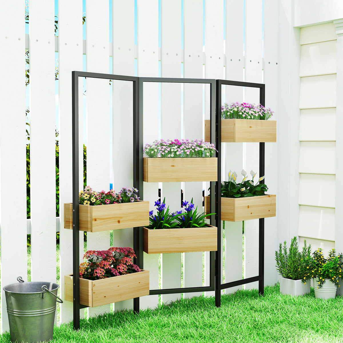 Outsunny Blumenkasten mit Sichtschutz, Hochbeet mit Klappbarem Spalier, 6 Pflanzkästen mit Ablauflöchern – Produktabbildung 2