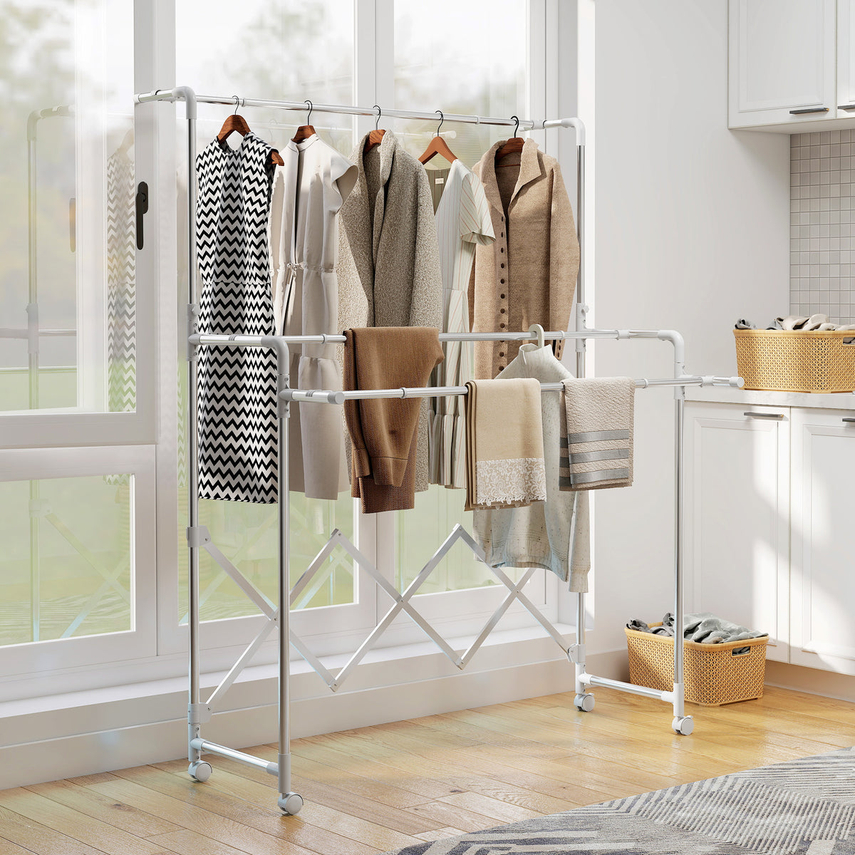 Clothes drying rack, foldable floor dryer with 3 adjustable levels, stainless steel tower dryer on wheels (2)