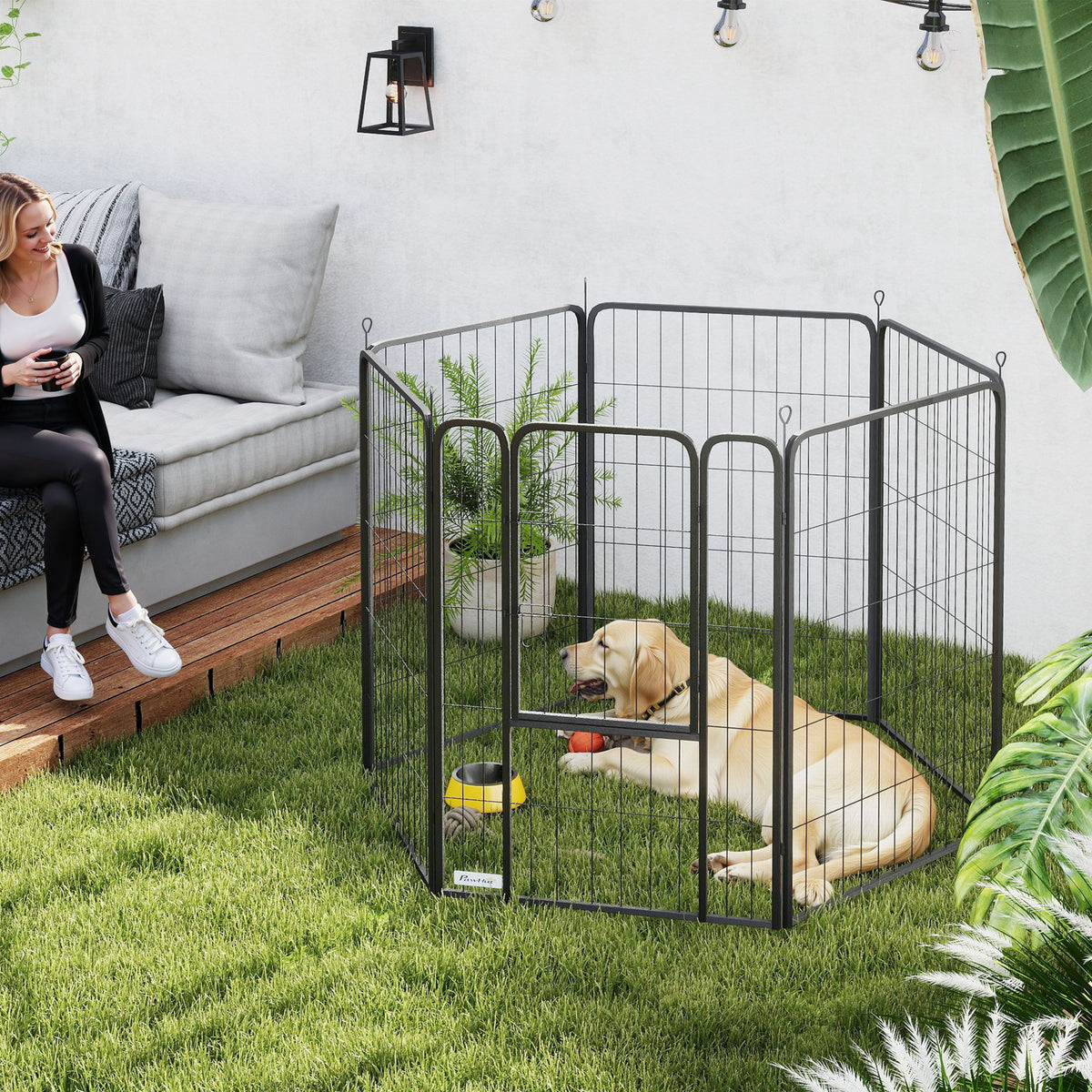 PawHut Laufstall für Hunde mit 6 Paneelen, robust, mit sicherer Tür, für drinnen und draußen, für Garten – Produktabbildung 2