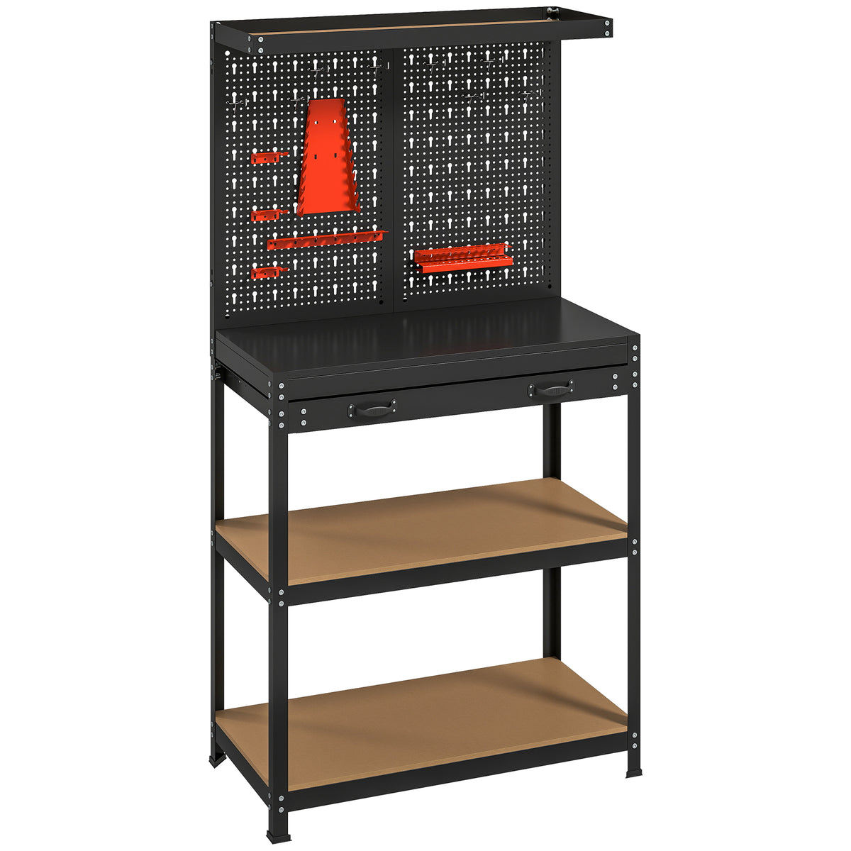 HOMCOM Werkbank 80 x 40,5 x 155 cm Werkzeugbank mit Lochwand, Haken, Schublade, 2 Ablagen für Werkstatt