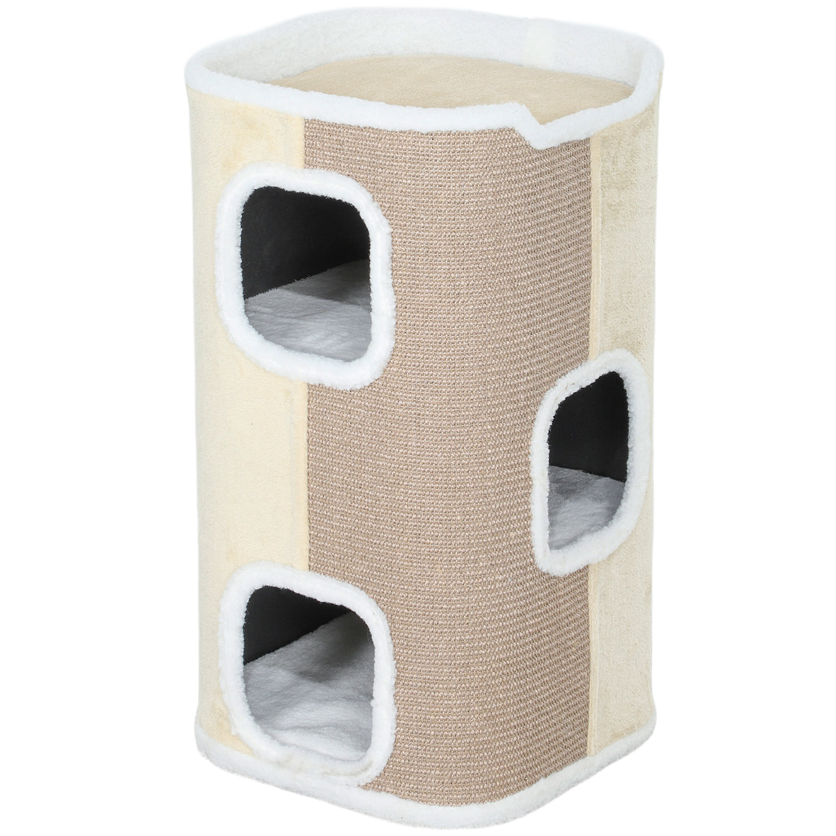 PawHut Kratztonne für Katzen, Katzenbaum, 3 Ebenen, robust, weicher Plüsch, Rückzugsort, Beige