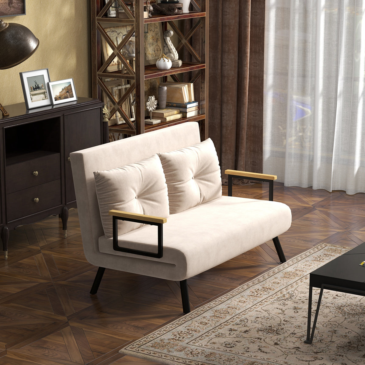 Sofa bed, 2-seater velvet sofa, sleeper function, incl. 2 cushions, velvet look, nature + beige + black (2)