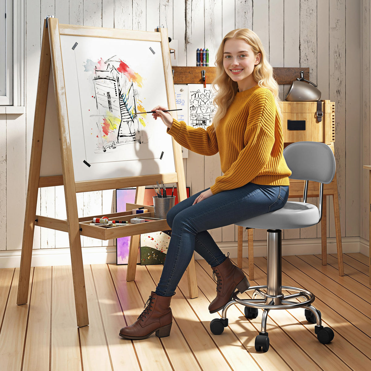 Rolling stool, swiveling and adjustable stool with backrest, faux leather upholstery, footrest, for dressing (2)