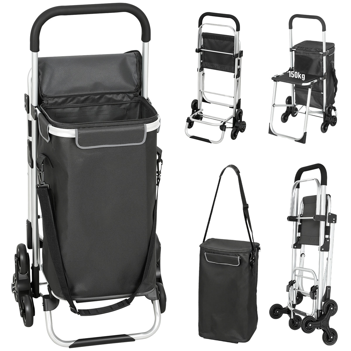 Shopping trolley, 40 L Oxford bag, 3-wheel design, aluminium frame, seat, dark grey