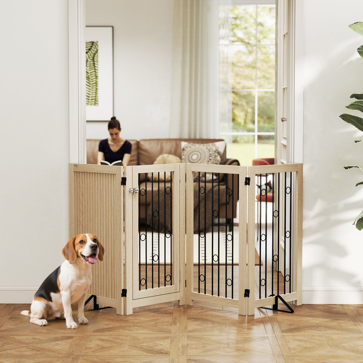 PawHut Freistehendes Haustiertor, Hundegitter mit Tür, 4 Paneele, für Flur, Treppe, Türrahmen, MDF – Produktabbildung 2