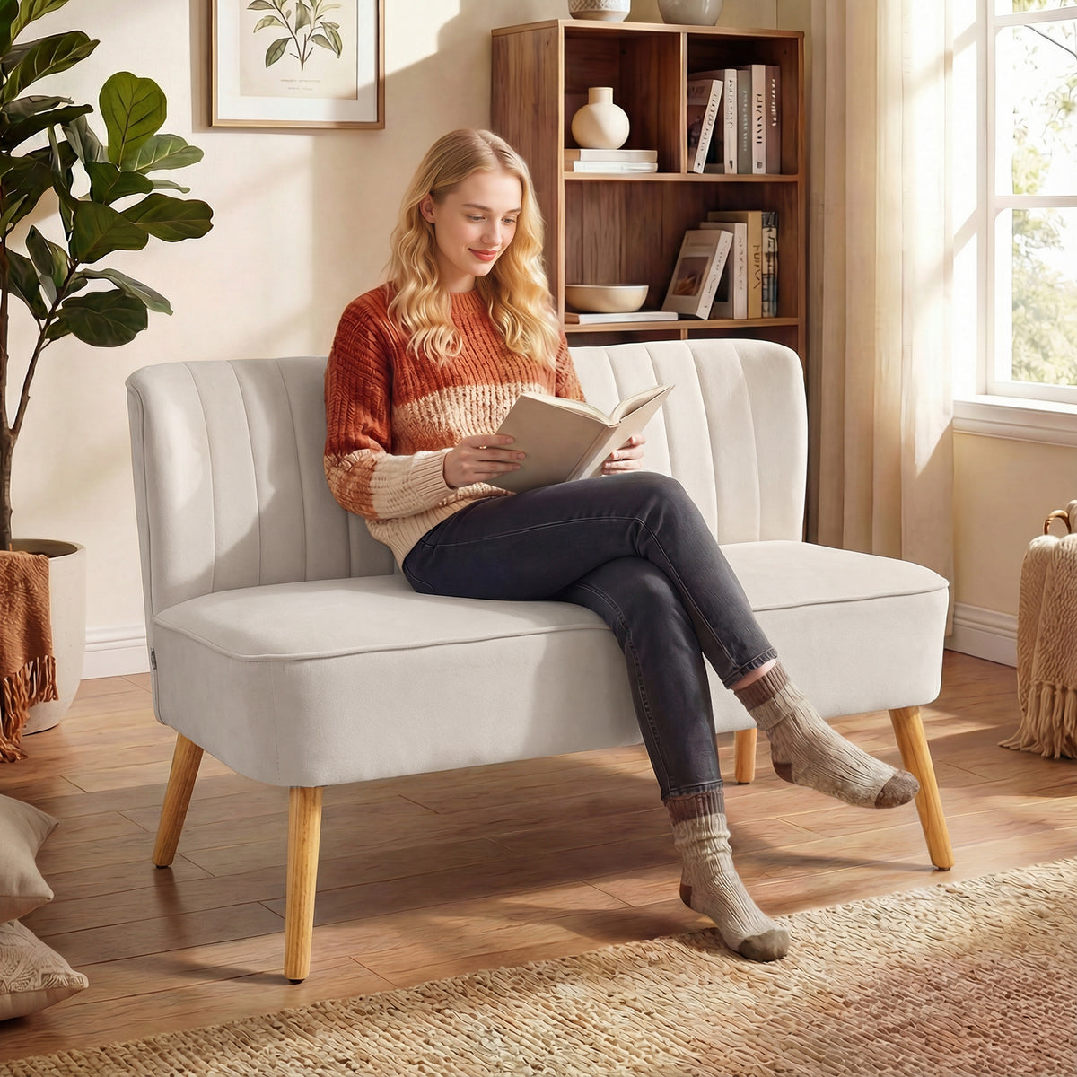 HOMCOM Sofa Retrodesign 2-Sitzer-Sofa, Holzbeine, 117 cm x 56,5 cm x 77 cm, Cremeweiß – Produktabbildung 2