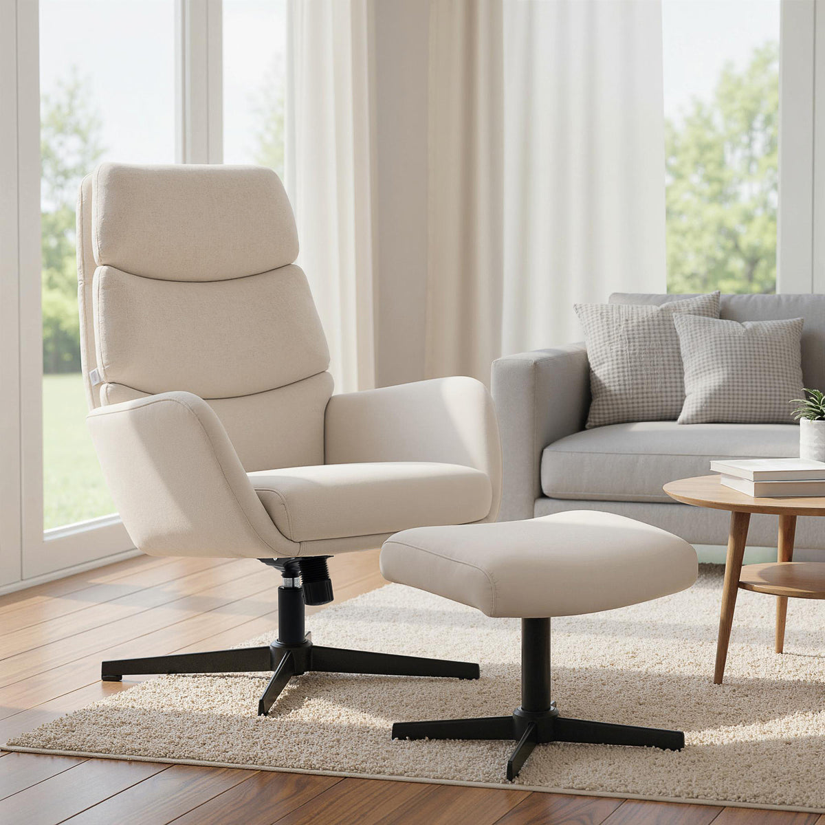 Upholstered armchair with footstool, lounge chair with high backrest, metal base, for living room, bedroom (2)