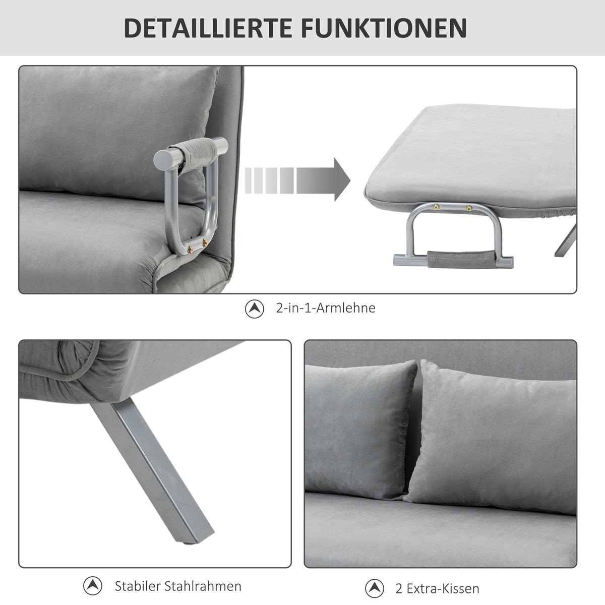 HOMCOM Schlafsofa, Doppelsofa, Gästebett, inklusive 2 Kissen, Grau – Produktabbildung 5