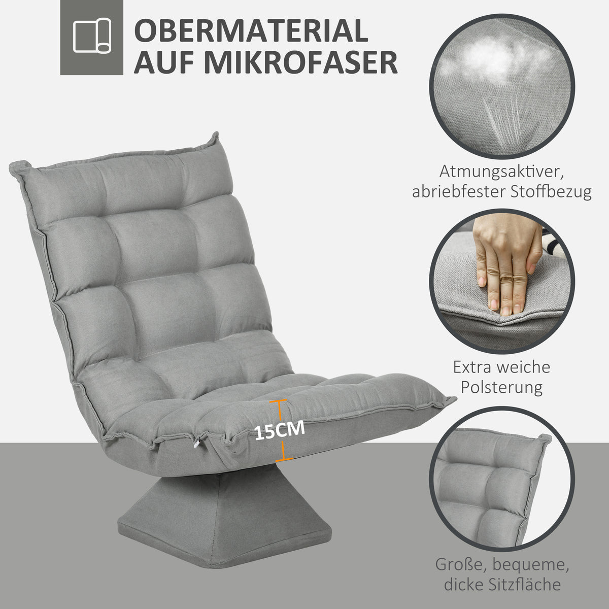 HOMCOM Relaxsessel Lesesessel, drehbar, Samtoptik, 62 cm x 70 cm x 95 cm, Hellgrau – Produktabbildung 7