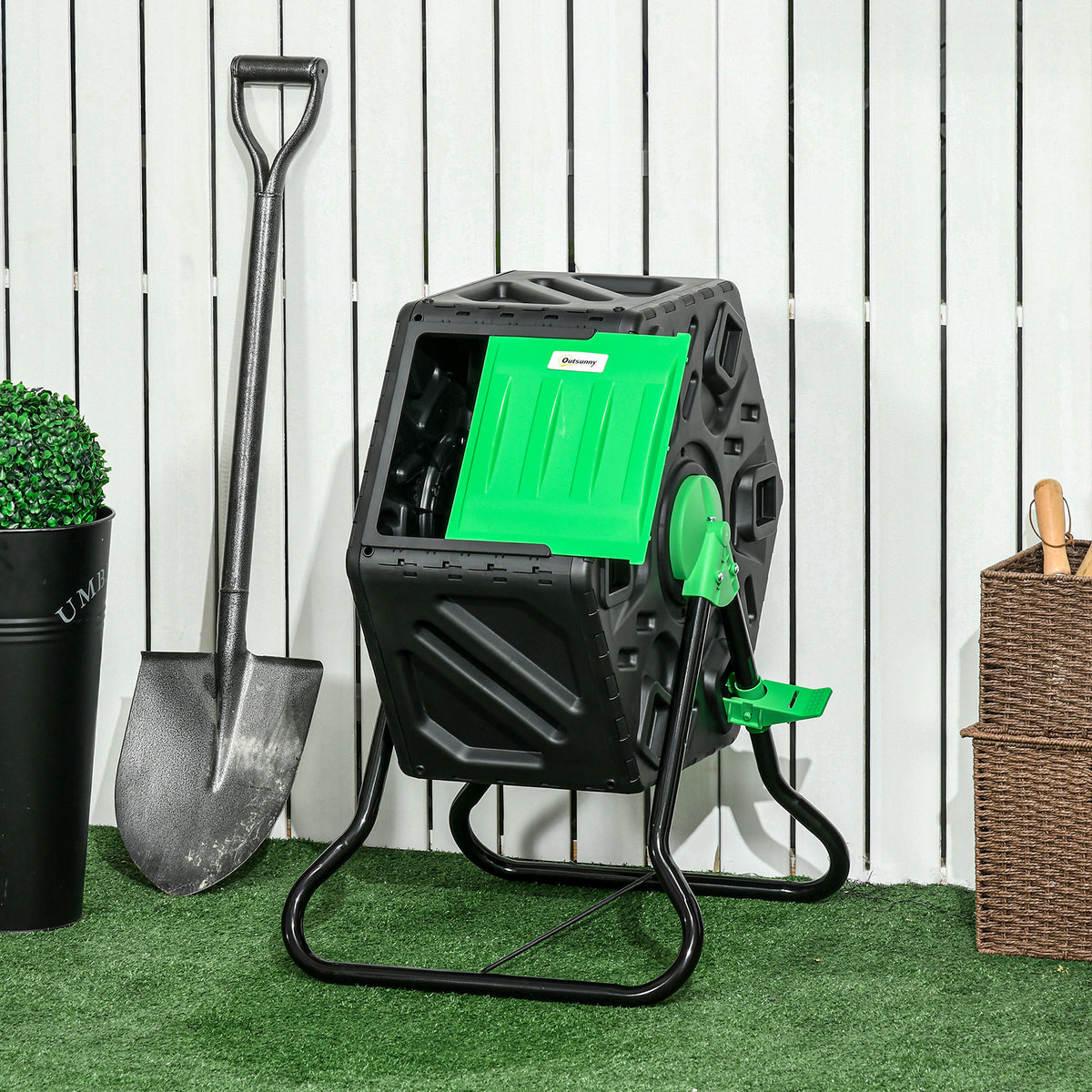 Compost bin, 65-liter composter, rotating, compact, 24 ventilation holes, steel, plastic, green+black (2)