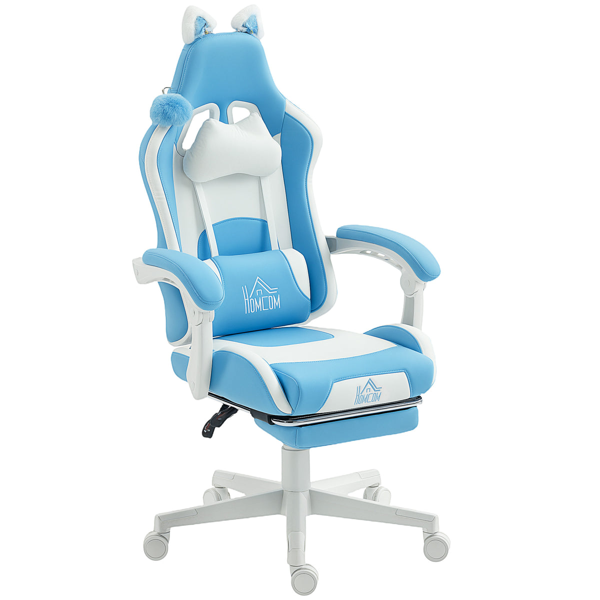 HOMCOM Gaming-Sessel mit Katzenohren, neigbare Lehne, ausziehbare Fußstütze, bis 120 kg belastbar, Seeblau