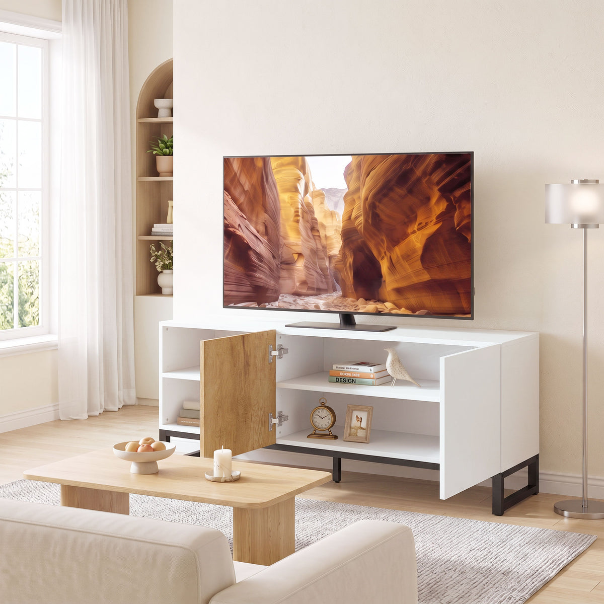 HOMCOM TV-Schrank für Fernseher bis 55 Zoll, modernes TV-Lowboard mit verstellbaren Einlegeböden, Weiß – Produktabbildung 2