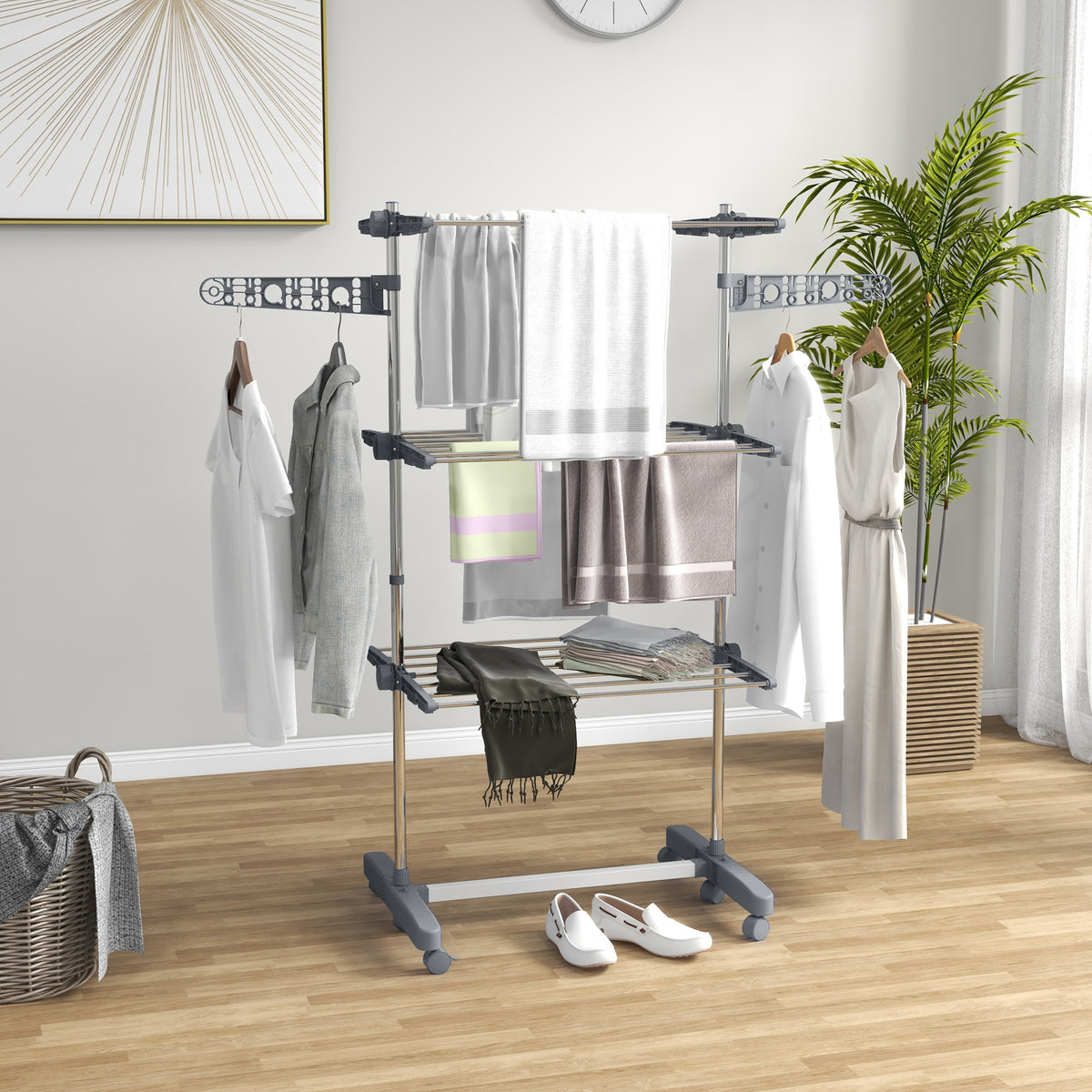 Laundry rack clothes dryer. 4 levels, foldable, one-click system, 142 cm x 55 cm x 152 cm blue + silver (2)