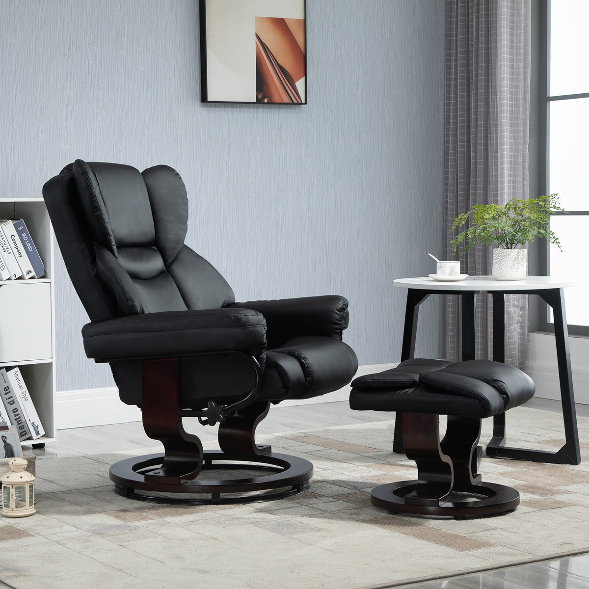 Recliner chair with ottoman, reclining function, swivel, up to 160 kg, faux leather, metal frame, black, 80 x 79 (2)