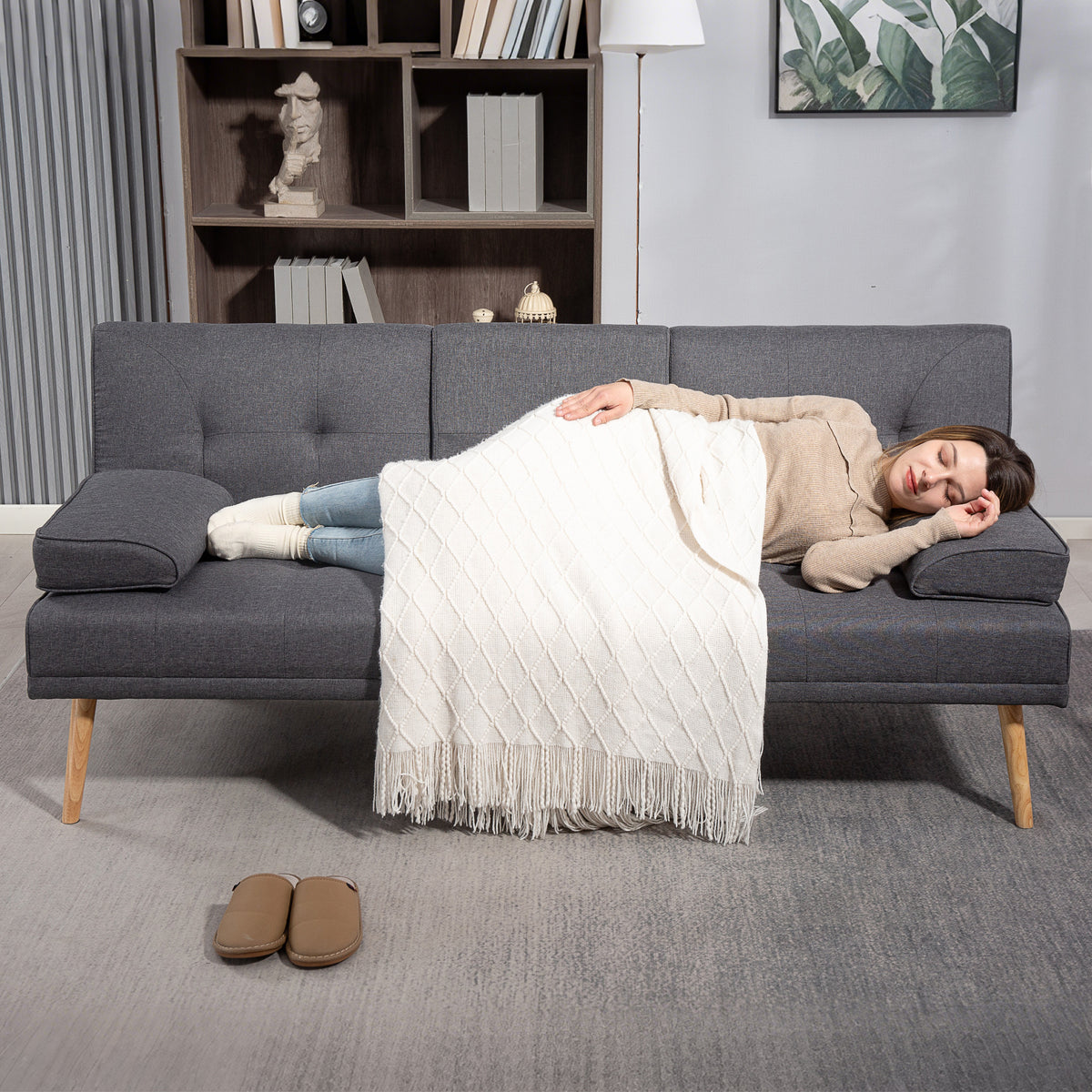 HOMCOM Schlafsofa im Skandi-Design, 3-Sitzer-Sofa, 2 Kissen, Grau + Natur – Produktabbildung 8