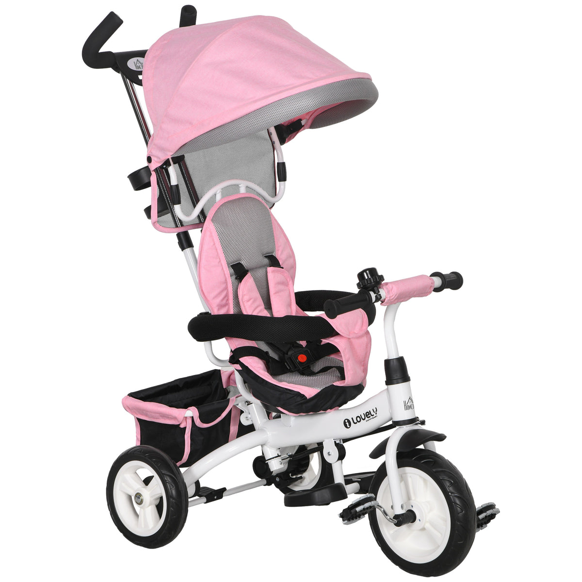 6-in-1 children's tricycle with push handle, canopy, safety belt, storage basket, for 1-5 years, pink