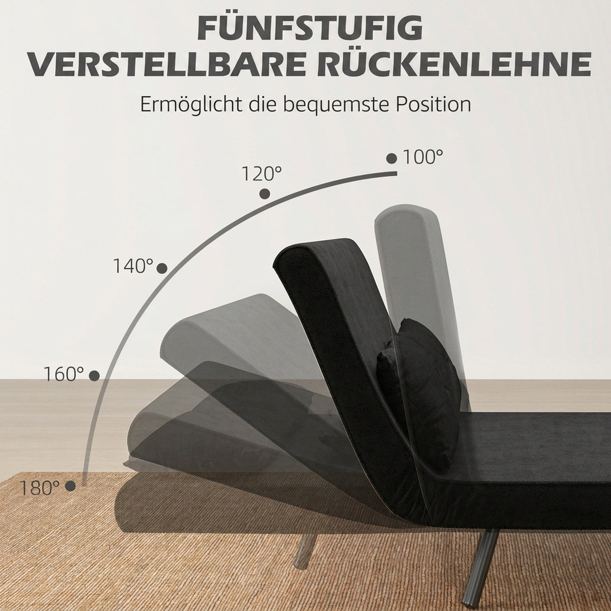 Sofa bed, 2-seater sofa, velvet sofa, sleep function, incl. 2 cushions, velvet look, black (5)
