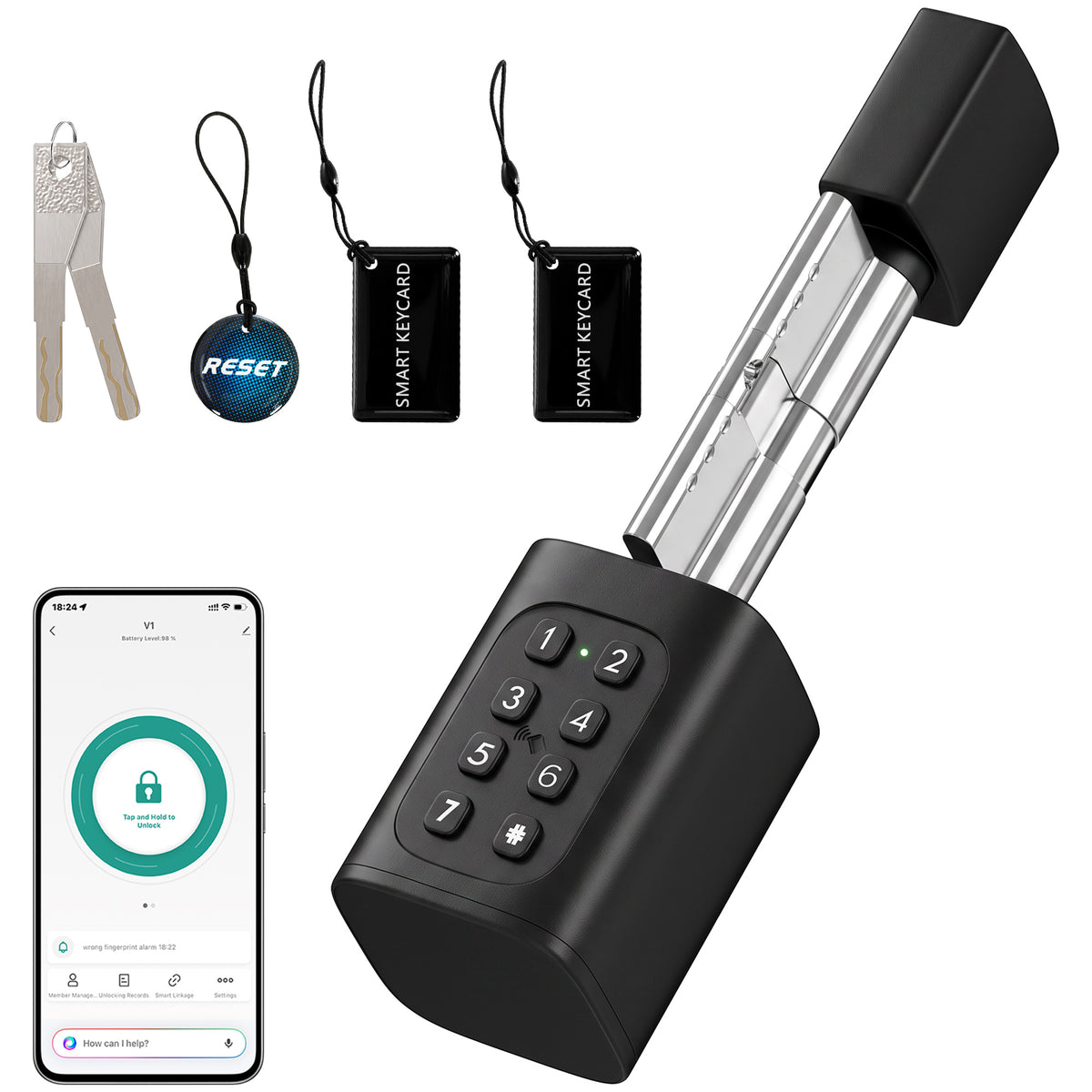 HOMCOM Smarter Türzylinder, 5-in-1 mit Fingerabdruck, Code, App, NFC-Karte & Schlüssel, gemeinsamer Zugriff