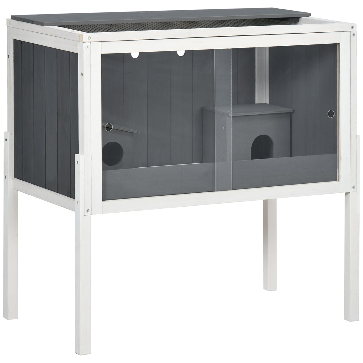 PawHut Hamsterkäfig, 3000 cm² Zwerghamsterkäfig aus Holz und Metall, mit 2 Hütten, Acrylschiebetüren, stabil