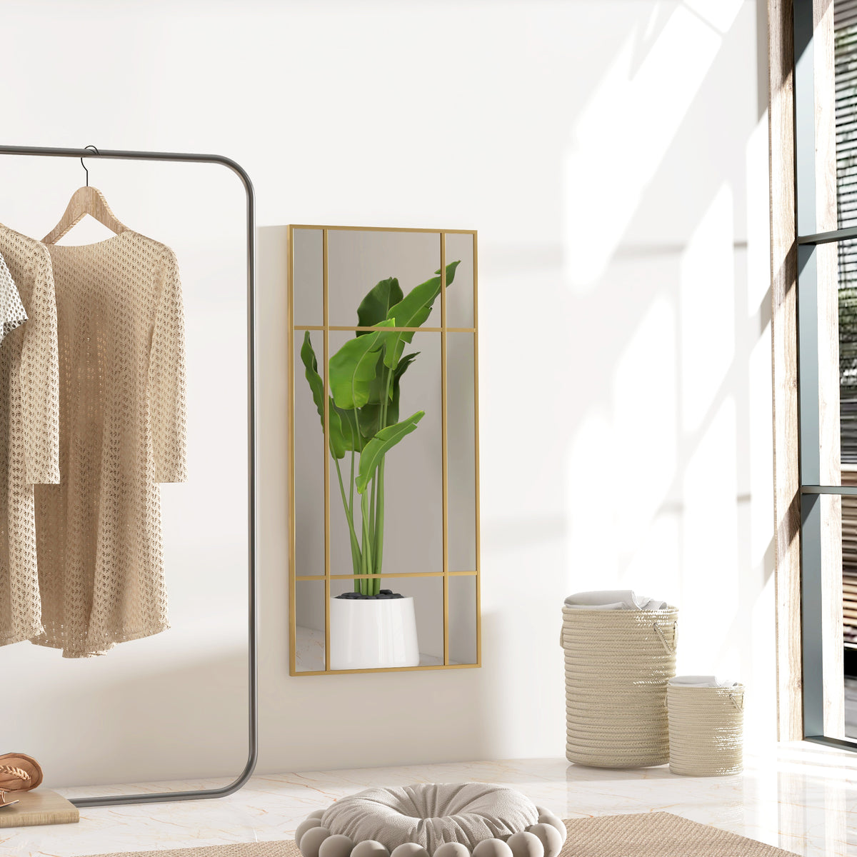 Wall mirror, decorative mirror with metal frame, gold-colored stripes, multi-layered glass, 110W x 2D x 50H cm (2)