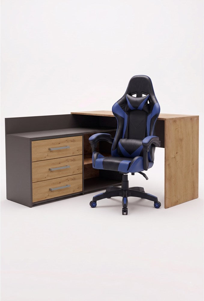Set ECKSCHREIBTISCH DANY ANTHRAZIT / EICHE ARTISAN + Sessel REMUS BLAU