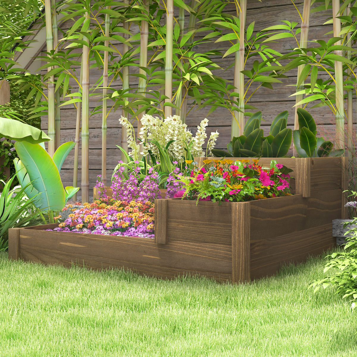 Outsunny Hochbeet, 4 Pflanzgefäße auf 3 Stufen, wetterbeständig, Massivholz, 122 cm x 122 cm x 51 cm – Produktabbildung 2