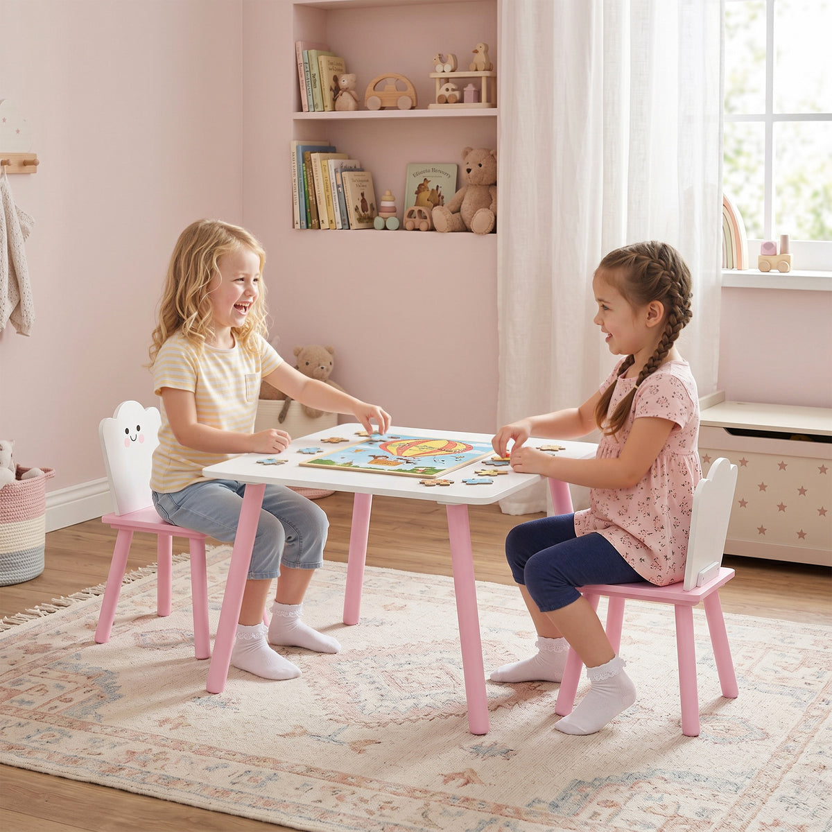Kids' table and chair set, 3-piece, 1 table and 2 chairs, pink and white (2)