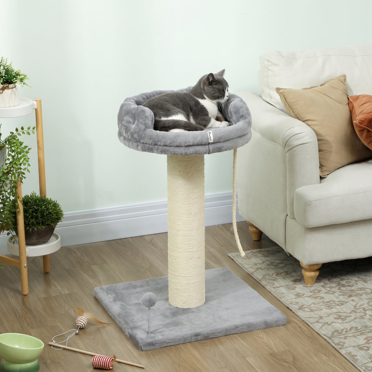 PawHut Kratzbaum Katzenbaum Katzenbett, 1 Katzenbett, inkl. Katzenspielzeug, 55 cm x 55 cm x 83 cm, Grau – Produktabbildung 2