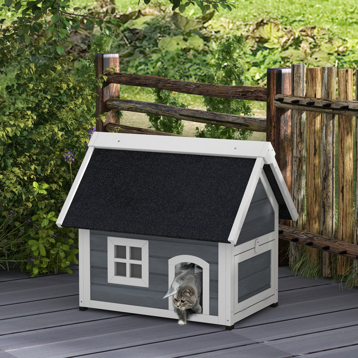Cat house, weatherproof, with window, 77x57.5x68cm (excl. asphalt roof), grey/white/black (2)