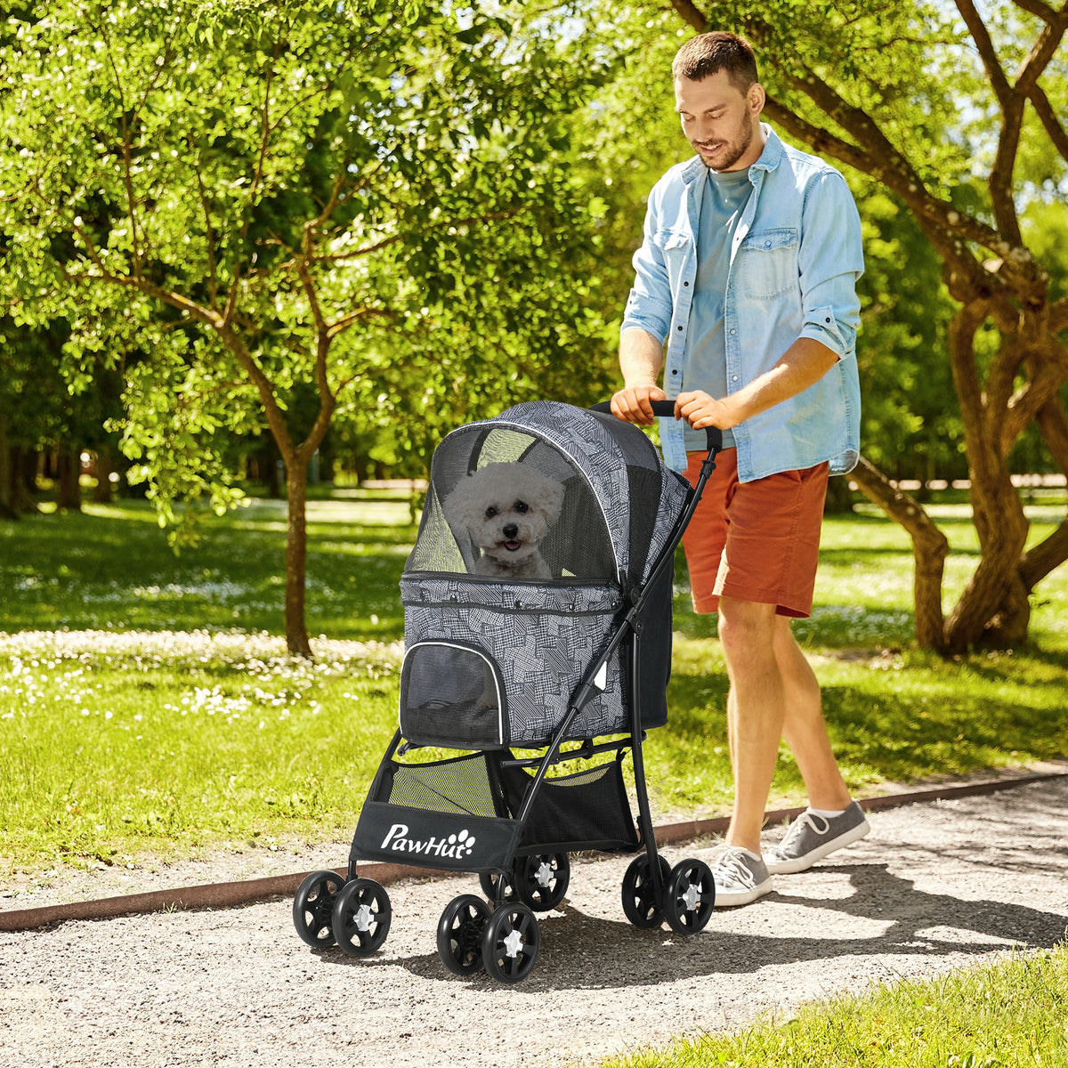 PawHut Hundebuggy Hundewagen bis 10kg klappbar verstellbares Vordach Bodenkorb Kissen Seitentasche 81 cm – Produktabbildung 2