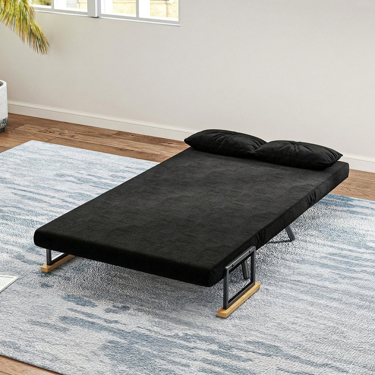 Sofa bed, 2-seater sofa, velvet sofa, sleep function, incl. 2 cushions, velvet look, black (7)