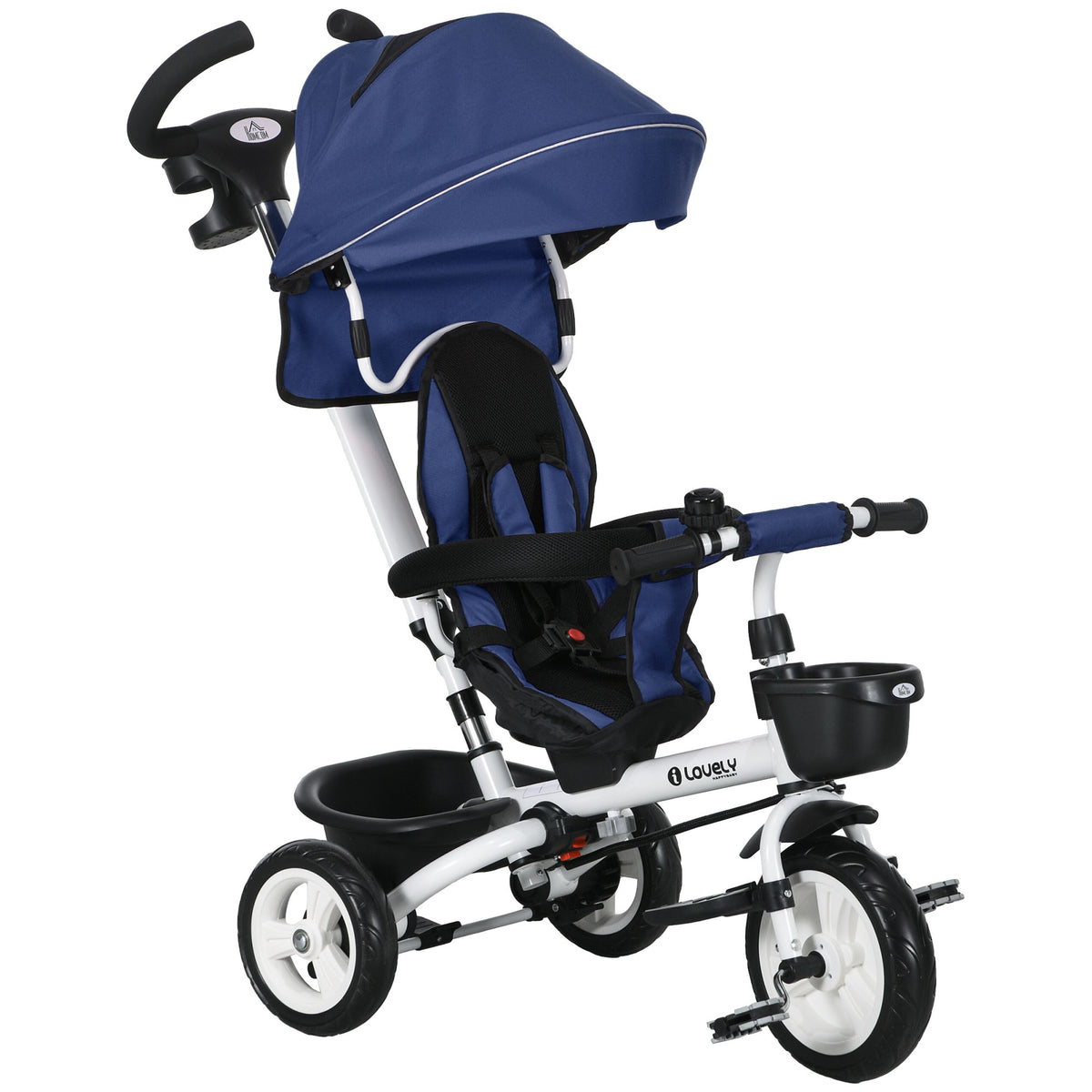 6-in-1 children's tricycle with push bar, canopy, harness, storage basket, 18+ months, dark blue
