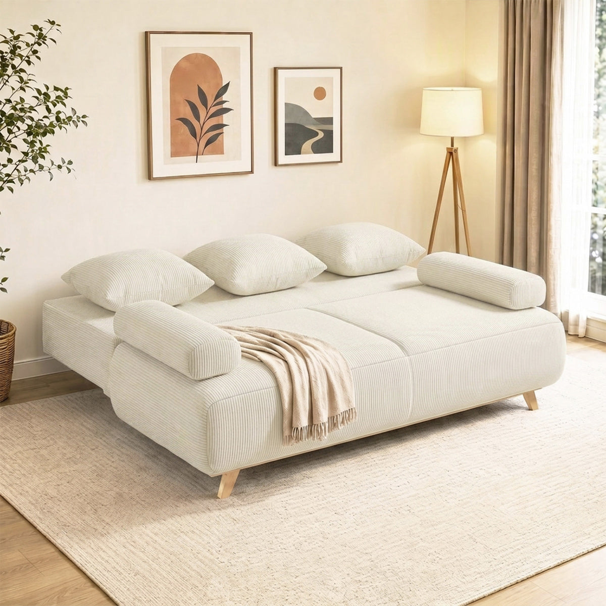 HOMCOM Schlafsofa mit verstellbarer Rückenlehne, Bettfunktion, verstecktem Stauraum und Cordbezug, Beige – Produktabbildung 8