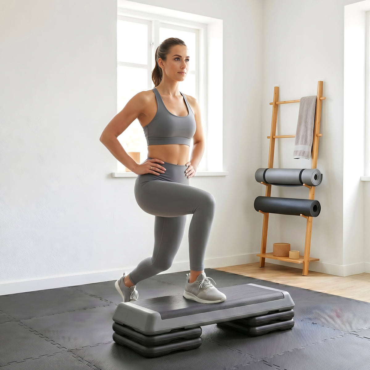 Height-adjustable fitness stepper, non-slip, suitable for home, gym or office use, plastic, grey (2)