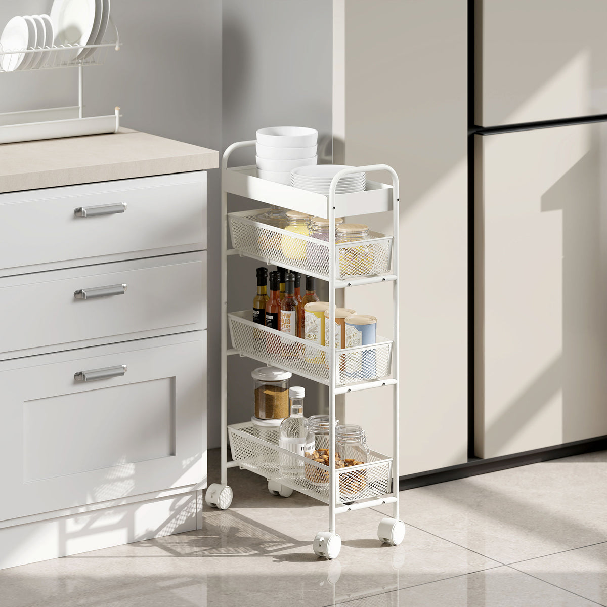 HOMCOM Küchenwagen aus Metall, 3 Körbe, schmales Design, 4 Räder, für Küche, Wohnzimmer, Badezimmer – Produktabbildung 10