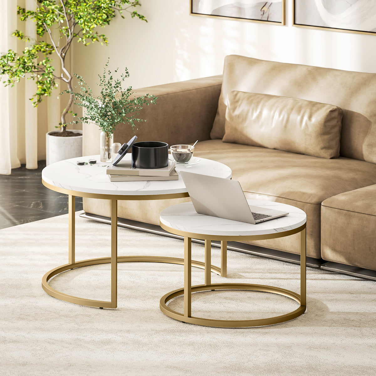 Set of 2 round coffee tables, stackable side tables with metal frame, marble-look living room table, coffee (2)
