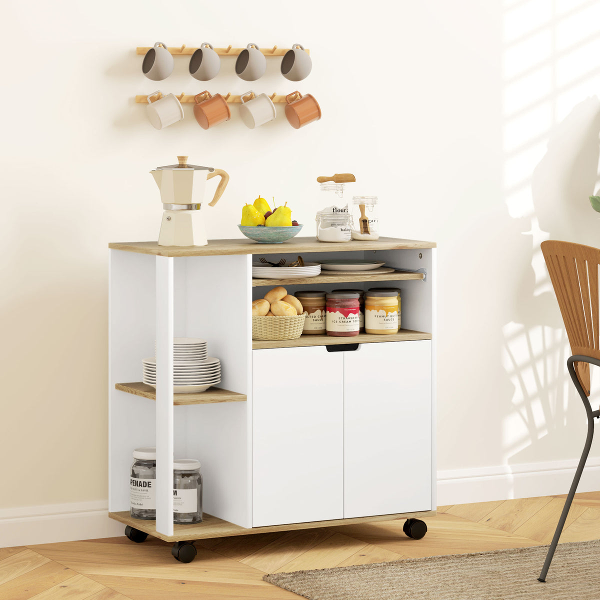 HOMCOM Rollender Küchenwagen mit Stauraum, Schrank, verstellbare Regale, für Küche, Wohnzimmer – Produktabbildung 2