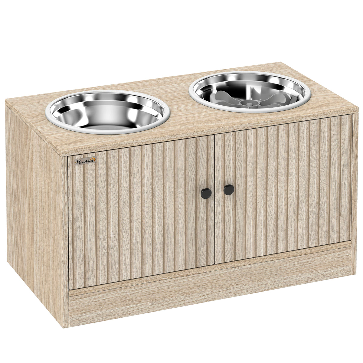 Dog feeding station with 2 stainless steel bowls, storage cabinet for accessories, for large dogs, wooden