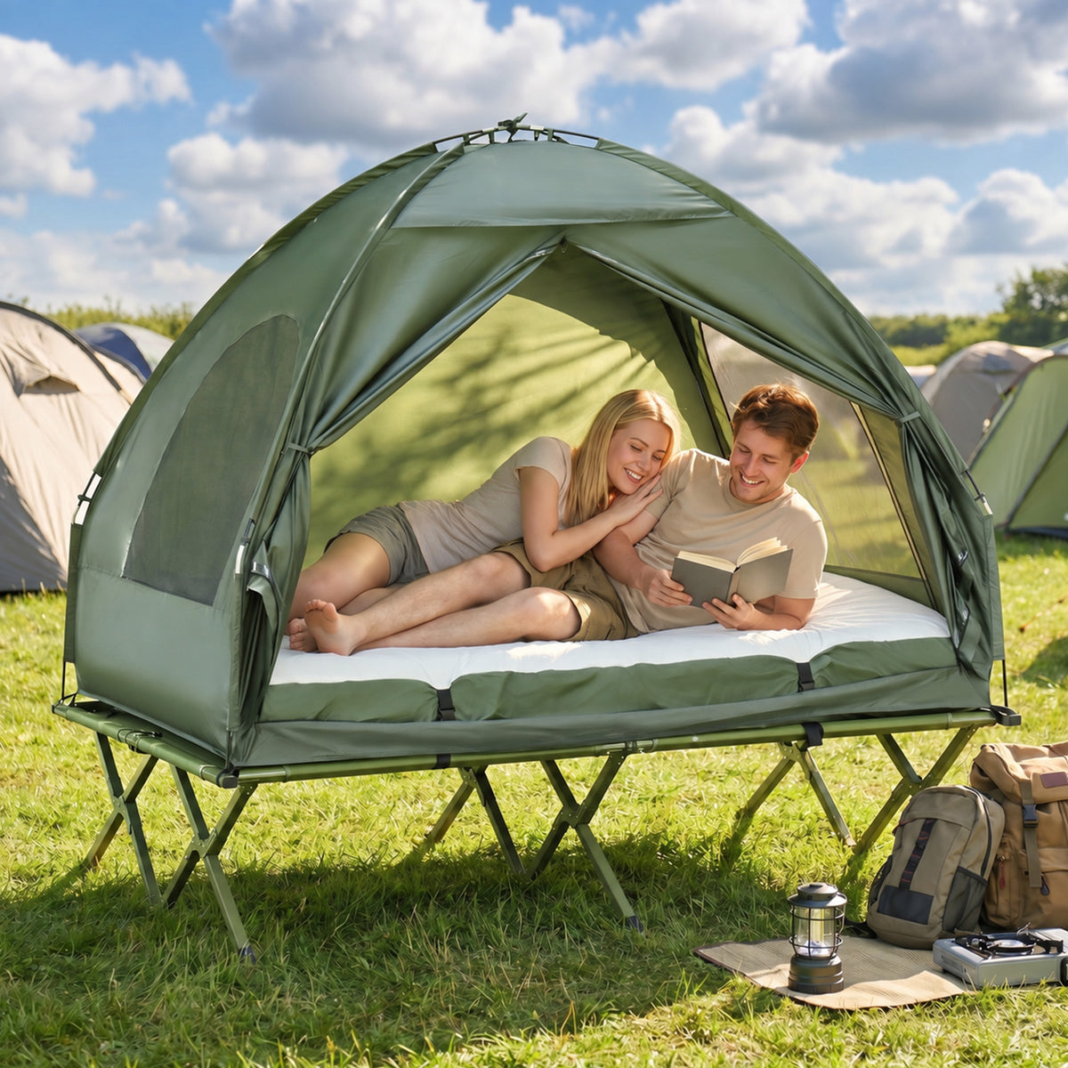 Camping tent set for 2 people with camp bed and air mattress green (2)
