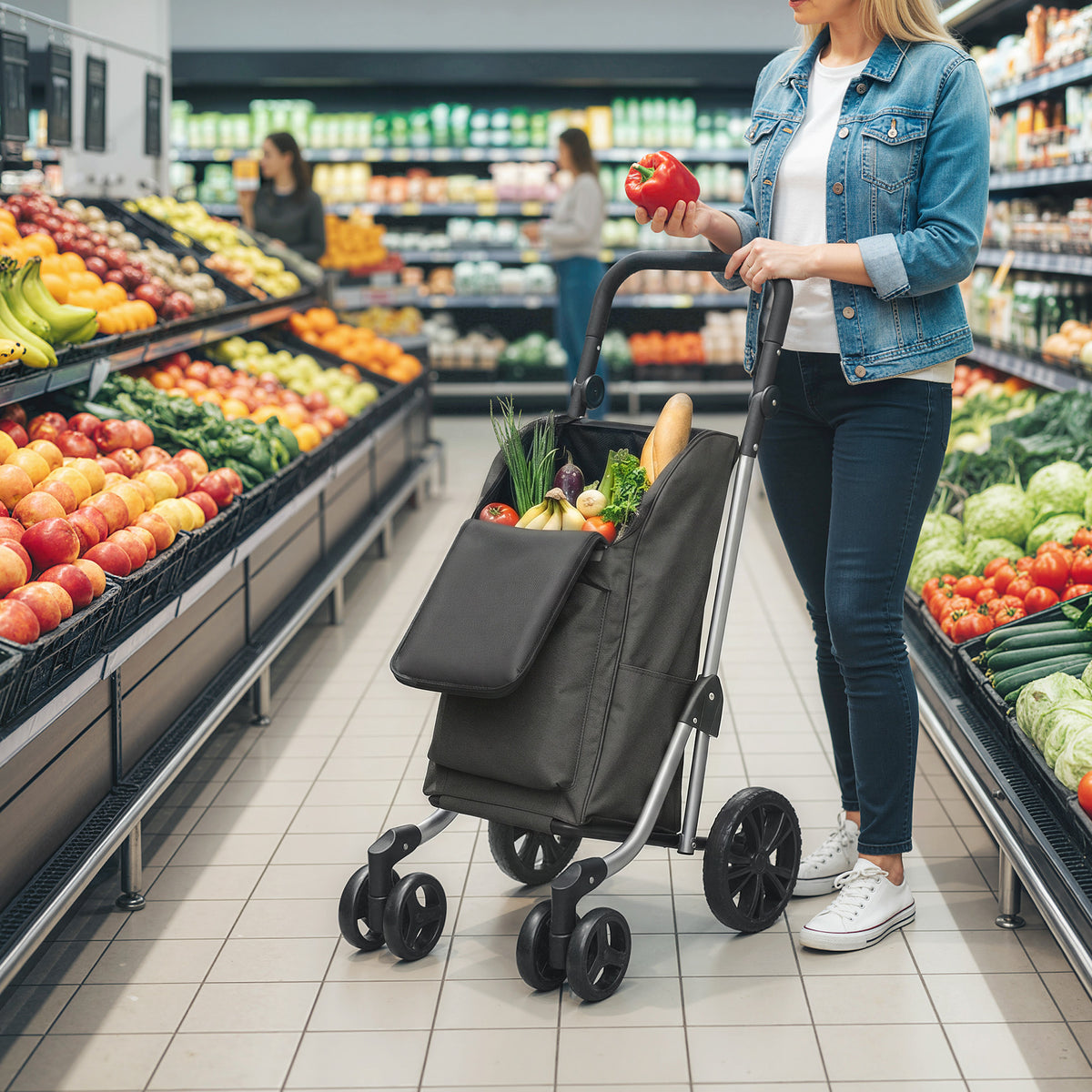 Shopping trolley, 46-liter bag, foldable shopping cart with cooler bag, adjustable handle, aluminum frame, dark (2)
