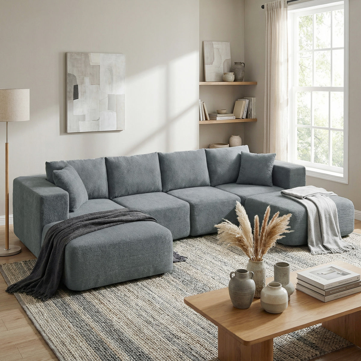 Modular corner sofa, U-shape sofa with wide and deep seat, 2 ottomans, dark gray (10)